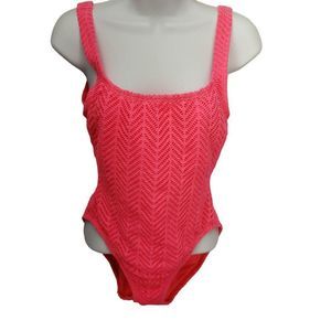 Catalina Vtg 90s Hot pink eyelet bathing suit Open Back sz 12 one piece swimsuit
